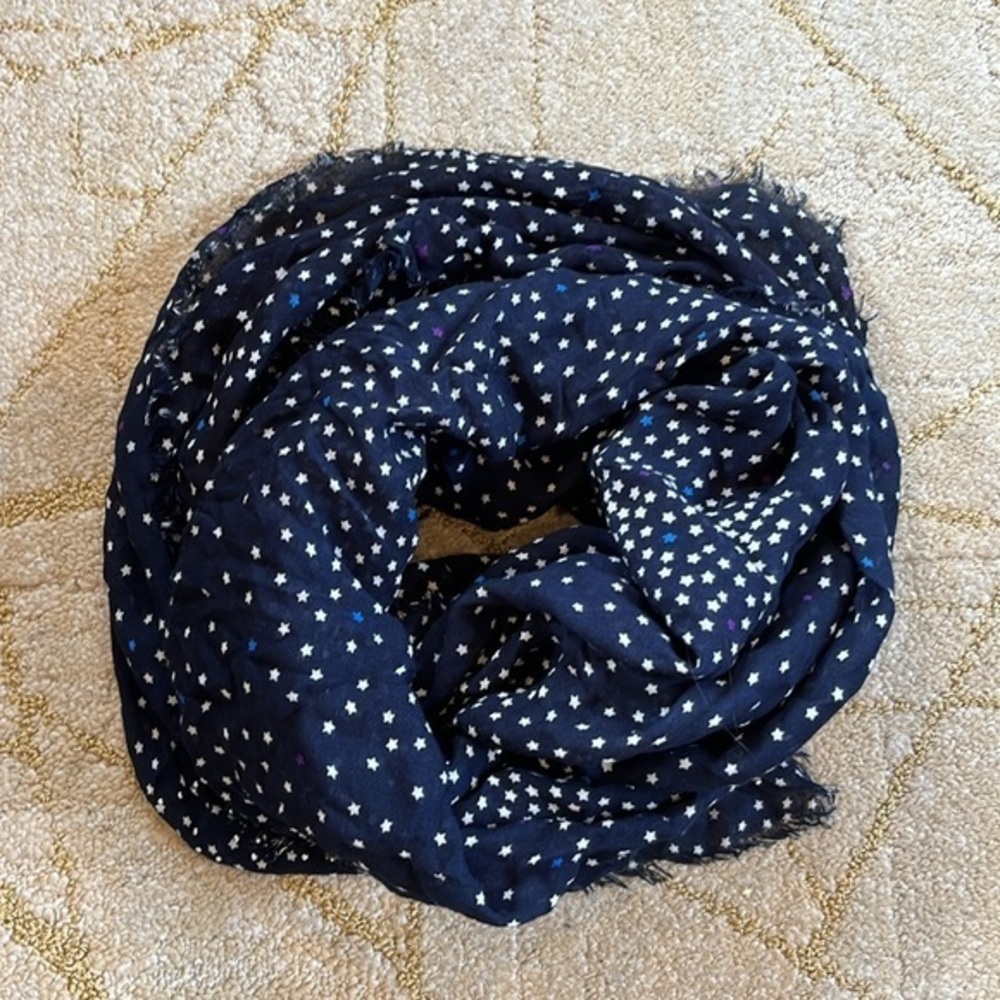 🍕🪻Scarf with stars and sequins navy blue white silver purple fringe hem CLOSEOUT